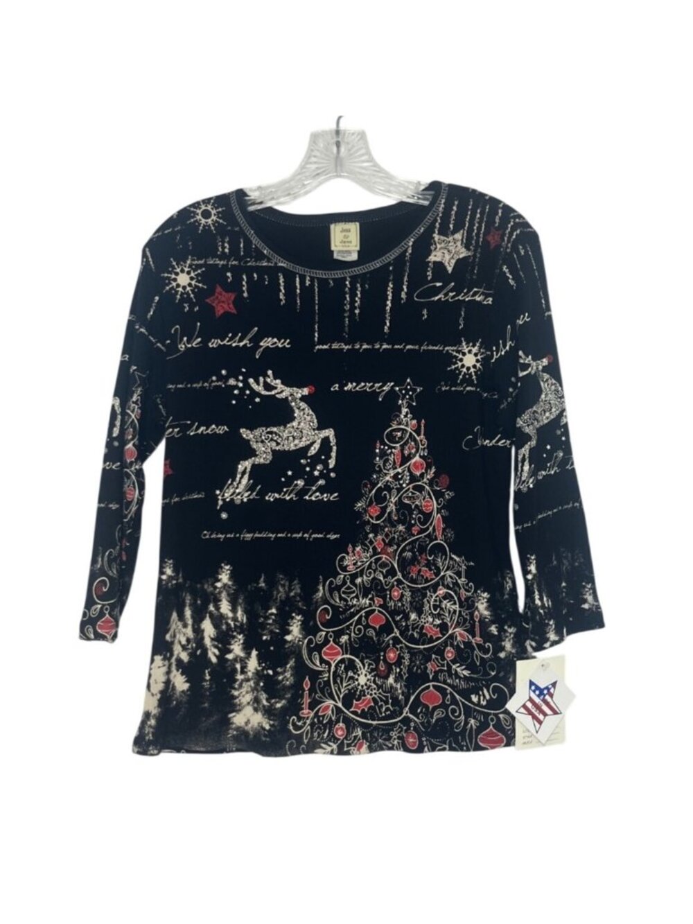 Jess & Jane Reindeers Dream Christmasโ Top 3/4 Sleeve Small Black USA Made